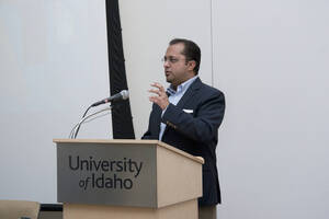 Photograph  2 of Robert Caisley, Marco Deyasi, and Lauren 'Lojo' Simon's Colloquium Panel Discussion 'Art about Art: Collaboration and Expression of Self and Other in Creating New Work for Theatre (on the play "Adoration of Dora").' Robert Caisley is Associate Professor of Theatre Arts and Head of Dramatic Writing. Marco Deyasi is Assistant Professor of Art and Design. Lauren 'Lojo' Simon is a graduate student. Pictured: Marco Deyasi.