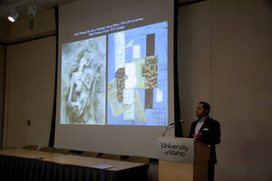 Photograph  3 of Robert Caisley, Marco Deyasi, and Lauren 'Lojo' Simon's Colloquium Panel Discussion 'Art about Art: Collaboration and Expression of Self and Other in Creating New Work for Theatre (on the play "Adoration of Dora").' Robert Caisley is Associate Professor of Theatre Arts and Head of Dramatic Writing. Marco Deyasi is Assistant Professor of Art and Design. Lauren 'Lojo' Simon is a graduate student. Pictured: Marco Deyasi.