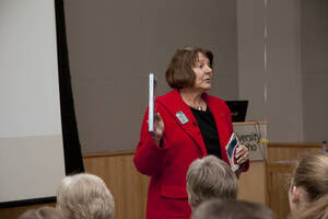 Photograph  4 of Katherine Aiken's Colloquium Talk 'A Historian Looks at Valentine's Day.' Katherine Aiken is Dean, College of Letters, Arts & Social Sciences, and Professor of History. Pictured: Katherine Aiken.