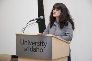 Photograph  7 of Robert Caisley, Marco Deyasi, and Lauren 'Lojo' Simon's Colloquium Panel Discussion 'Art about Art: Collaboration and Expression of Self and Other in Creating New Work for Theatre (on the play "Adoration of Dora").' Robert Caisley is Associate Professor of Theatre Arts and Head of Dramatic Writing. Marco Deyasi is Assistant Professor of Art and Design. Lauren 'Lojo' Simon is a graduate student. Pictured: Lauren 'Lojo' Simon.