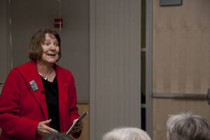 Photograph  6 of Katherine Aiken's Colloquium Talk 'A Historian Looks at Valentine's Day.' Katherine Aiken is Dean, College of Letters, Arts & Social Sciences, and Professor of History. Pictured: Katherine Aiken.