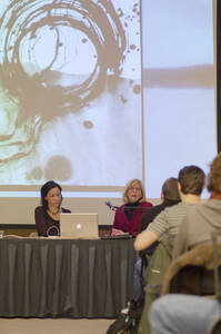 Photograph  4 of Sally Graves Machlis and Delphine Keim-Campbell's Colloquium Talk and Gallery Exhibition 'Road Stories.'  Sally Graves Machlis is Chair and Professor of Art and Design. Dephine Keim-Campbell is Associate Professor of Art and Design. Pictured: Sally Graves Machlis and Delphine Keim-Campbell.