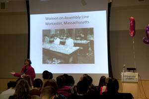 Photograph  8 of Katherine Aiken's Colloquium Talk 'A Historian Looks at Valentine's Day.' Katherine Aiken is Dean, College of Letters, Arts & Social Sciences, and Professor of History. Pictured: Katherine Aiken.