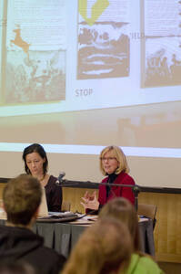 Photograph  5 of Sally Graves Machlis and Delphine Keim-Campbell's Colloquium Talk and Gallery Exhibition 'Road Stories.'  Sally Graves Machlis is Chair and Professor of Art and Design. Dephine Keim-Campbell is Associate Professor of Art and Design. Pictured: Sally Graves Machlis and Delphine Keim-Campbell.