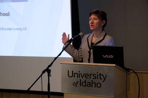 Photograph  6 of Nancy Chaney's Colloquium Talk 'Adventures of time and space travel aboard an amazing machine: The wheel as political metaphor..' Nancy Chaney is an alumnus of University of Idaho and Mayor of Moscow. Pictured: Nancy Chaney.