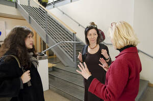 Photograph  16 of Sally Graves Machlis and Delphine Keim-Campbell's Colloquium Talk and Gallery Exhibition 'Road Stories.'  Sally Graves Machlis is Chair and Professor of Art and Design. Dephine Keim-Campbell is Associate Professor of Art and Design. Pictured L to R: Lojo Simon, Keim-Campbell, Machlis.