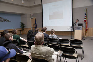 Photograph  12 of Nancy Chaney's Colloquium Talk 'Adventures of time and space travel aboard an amazing machine: The wheel as political metaphor..' Nancy Chaney is an alumnus of University of Idaho and Mayor of Moscow. Pictured: Nancy Chaney.