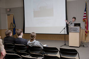 Photograph  13 of Nancy Chaney's Colloquium Talk 'Adventures of time and space travel aboard an amazing machine: The wheel as political metaphor..' Nancy Chaney is an alumnus of University of Idaho and Mayor of Moscow. Pictured: Nancy Chaney.