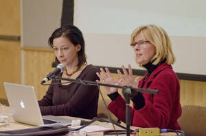 Photograph  6 of Sally Graves Machlis and Delphine Keim-Campbell's Colloquium Talk and Gallery Exhibition 'Road Stories.'  Sally Graves Machlis is Chair and Professor of Art and Design. Dephine Keim-Campbell is Associate Professor of Art and Design. Pictured: Delphine Keim-Campbell and Sally Graves Machlis.
