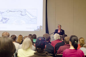 Photograph 6 of Stephen Drown's Colloquium Talk 'The University of Idaho Olmsted Brothers' Master Plan: Historical Process and the Creation of Place.' Stephen Drown is Chair and Professor of Landscape Architecture. Pictured: Stephen Drown.