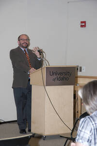 Photograph  3 of Garth Reese's Colloquium Talk 'Invisible Spokes: The Ubiquity of Magic in the West.'  Garth Reese is an Associate Professor and Head  of the Library's Special Collections and Archives. His research focus is Religious Studies. Pictured: Garth Reese.