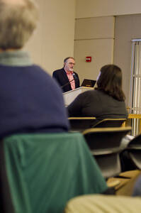 Photograph 7 of Stephen Drown's Colloquium Talk 'The University of Idaho Olmsted Brothers' Master Plan: Historical Process and the Creation of Place.' Stephen Drown is Chair and Professor of Landscape Architecture. Pictured: Stephen Drown.