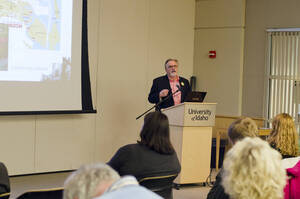 Photograph 8 of Stephen Drown's Colloquium Talk 'The University of Idaho Olmsted Brothers' Master Plan: Historical Process and the Creation of Place.' Stephen Drown is Chair and Professor of Landscape Architecture. Pictured: Stephen Drown.