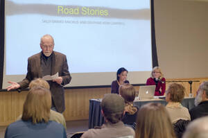 Photograph  3 of Sally Graves Machlis and Delphine Keim-Campbell's Colloquium Talk and Gallery Exhibition 'Road Stories.'  Sally Graves Machlis is Chair and Professor of Art and Design. Dephine Keim-Campbell is Associate Professor of Art and Design. Pictured: Professor Rodney Frey introduces Machlis and Campbell.