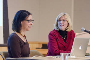 Photograph  9 of Sally Graves Machlis and Delphine Keim-Campbell's Colloquium Talk and Gallery Exhibition 'Road Stories.'  Sally Graves Machlis is Chair and Professor of Art and Design. Dephine Keim-Campbell is Associate Professor of Art and Design. Pictured: Delphine Keim-Campbell and Sally Graves Machlis.