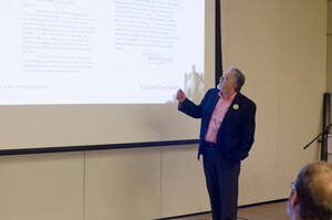 Photograph 9 of Stephen Drown's Colloquium Talk 'The University of Idaho Olmsted Brothers' Master Plan: Historical Process and the Creation of Place.' Stephen Drown is Chair and Professor of Landscape Architecture. Pictured: Stephen Drown.