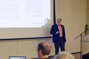 Photograph 10 of Stephen Drown's Colloquium Talk 'The University of Idaho Olmsted Brothers' Master Plan: Historical Process and the Creation of Place.' Stephen Drown is Chair and Professor of Landscape Architecture. Pictured: Stephen Drown.