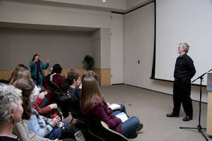 Photograph  11 of James Foster's Colloquium Talk 'Why the classics matter: ancient Greece and the modern university.' James Foster is Professor of Biology and Computer Science. Pictured: Audience member addresses James Foster.