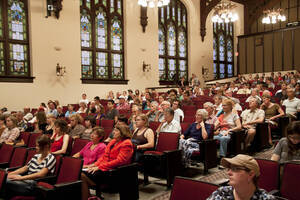 Photograph  7 of Rodney Frey's Keynote Address 'Turning of the Wheel: Meeting the Challenges and Charting - Creating the World with Spokes and a Hub.' Rodney Frey is Professor of Ethnography and Distinguished Humanities Professor. Pictured: Audience for Rodney Frey's Keynote Address, Administration Auditorium, UI Moscow.
