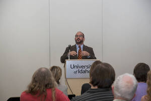 Photograph  8 of Garth Reese's Colloquium Talk 'Invisible Spokes: The Ubiquity of Magic in the West.'  Garth Reese is an Associate Professor and Head  of the Library's Special Collections and Archives. His research focus is Religious Studies. Pictured: Garth Reese.