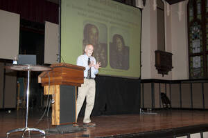 Photograph  8 of Rodney Frey's Keynote Address 'Turning of the Wheel: Meeting the Challenges and Charting - Creating the World with Spokes and a Hub.' Rodney Frey is Professor of Ethnography and Distinguished Humanities Professor. Pictured: Rodney Frey, Administration Auditorium, UI Moscow.