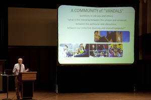 Photograph  12 of Rodney Frey's Keynote Address 'Turning of the Wheel: Meeting the Challenges and Charting - Creating the World with Spokes and a Hub.' Rodney Frey is Professor of Ethnography and Distinguished Humanities Professor. Pictured: Rodney Frey, Administration Auditorium, UI Moscow.