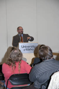 Photograph  9 of Garth Reese's Colloquium Talk 'Invisible Spokes: The Ubiquity of Magic in the West.'  Garth Reese is an Associate Professor and Head  of the Library's Special Collections and Archives. His research focus is Religious Studies. Pictured: Garth Reese.
