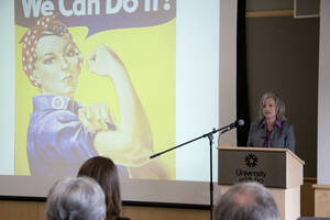 Photograph  5 of Heather Gasser's Colloquium Talk 'Social Justice and Feminist Leadership: Sharing the Unique Perspectives and Universal Concepts.' Heather Gasser is Director, UI Women's Center. Pictured: Heather Gasser.
