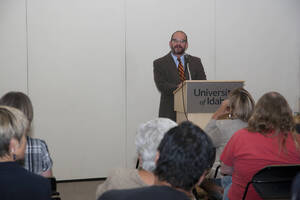 Photograph  10 of Garth Reese's Colloquium Talk 'Invisible Spokes: The Ubiquity of Magic in the West.'  Garth Reese is an Associate Professor and Head  of the Library's Special Collections and Archives. His research focus is Religious Studies. Pictured: Garth Reese.
