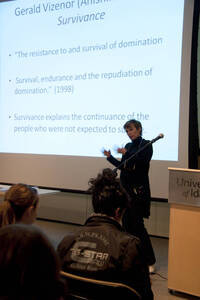 Photograph  2 of Janis Johnson's Colloquium Talk 'This Is the Sound of Survivance: Nez Perce Indians Playing Jazz.' Janis Johnson is Assistant Professor English. Pictured: Janis Johnson.