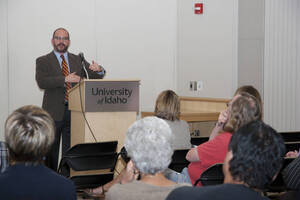 Photograph  11 of Garth Reese's Colloquium Talk 'Invisible Spokes: The Ubiquity of Magic in the West.'  Garth Reese is an Associate Professor and Head  of the Library's Special Collections and Archives. His research focus is Religious Studies. Pictured: Garth Reese.