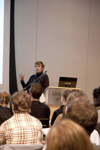 Photograph  8 of Janis Johnson's Colloquium Talk 'This Is the Sound of Survivance: Nez Perce Indians Playing Jazz.' Janis Johnson is Assistant Professor English. Pictured: Janis Johnson.