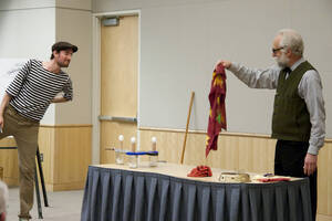 Photograph  23 of Dan Edwards's Colloquium Talk 'The Unique vs. The Universal: the Final Round.' Dan Edwards is Associate Professor of Physical Chemistry. Pictured: Dan Edwards and student assistant.