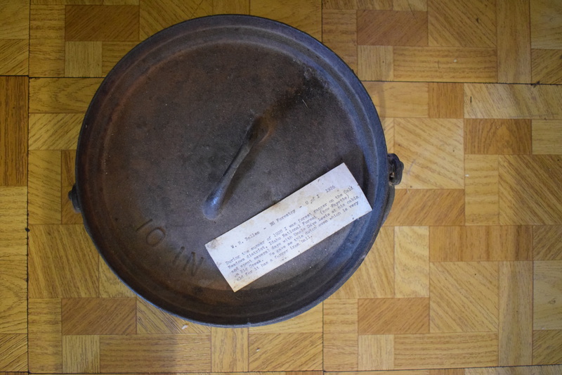 During the summer of 1928, I (W.H. Bolles) was forest ranger on the Cold Meadows district, Idaho National Forest (now Payette) and spent several days with Uncle Dave Lewis at his cabin on Big Creek. He gave me this dutch oven which is very old for it has a forger iron bail.