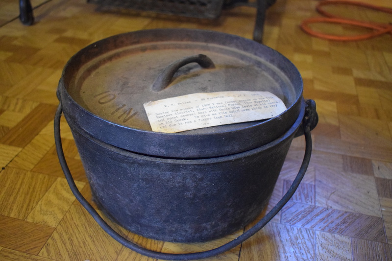 During the summer of 1928, I (W.H. Bolles) was forest ranger on the Cold Meadows district, Idaho National Forest (now Payette) and spent several days with Uncle Dave Lewis at his cabin on Big Creek. He gave me this dutch oven which is very old for it has a forger iron bail.