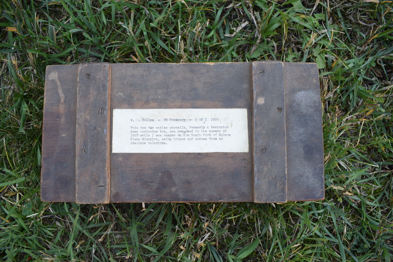 This box for eating utensils, formerly a Remington Arms cartridge box, was reworked in the summer of 1927 while I (W.H. Bolles) was a ranger on the South Fork of the Salmon River district, using hinges and screws from an obsolete telephone.