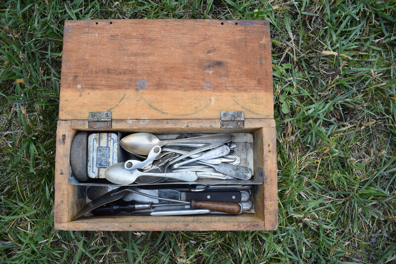 This box for eating utensils, formerly a Remington Arms cartridge box, was reworked in the summer of 1927 while I (W.H. Bolles) was a ranger on the South Fork of the Salmon River district, using hinges and screws from an obsolete telephone.