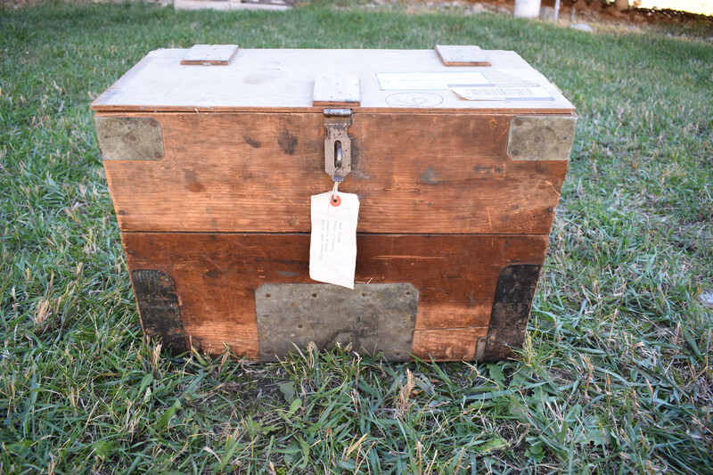 W.H. Bolles Cooking Trunk. In the days before gasoline drums, gasoline was sold in 5-gallon cans, two cans to a wooden box, for use in areas remote from service stations. These boxes were in common use among horse campers for carrying "the kitchen", as it was known. They fitted nicely into canvas pack saddle bags known as an alforjas (Spanish name) which were suspended from the pack saddle by leather loops. I reinforced them with metal strips, added covers and locks and used them when horse camping in Idaho, Wyoming, Washington, and Oregon. The nest of aluminum kettles, cast iron frying pan, break proof egg carton and other items were very useful to horse campers of that bygone era. These items are being sent to the Taylor Ranch for display among their archives.