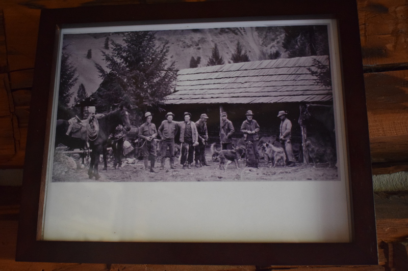 During his time along Big Creek, Dave Lewis guided many hunters and fisherman. Here is a picture of them gathered around his cabin. Dave Lewis is the second from the right surrounded by his hunting dogs.