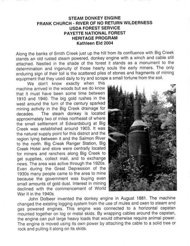 Document describing the steam donkey engine located on the banks of Smith Creek.