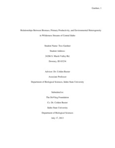 A thesis examining the relationships between biomass, primary productivity, and environmental heterogeneity in wilderness streams of central Idaho, focusing on how factors like light, temperature, nutrients, and disturbances influence primary production.