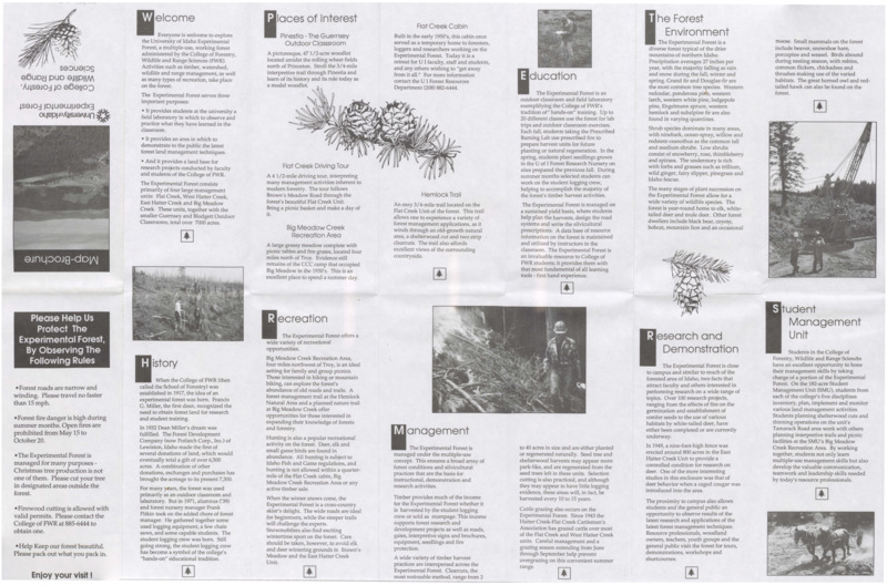 Historical folding map describing the UIEF locations and history. Shows the roads to and on the four units of the University of Idaho Experimental Forest and the ownership (State of Idaho, U.S. Forest Service, City of Troy, Bennett Tree Farms Inc., Potlatch Corp., or private ownership) of the surrounding properties.