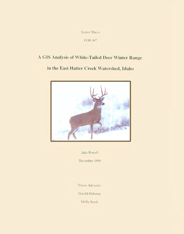 The availability of suitable winter range is critical for the survival of white-tailed deer (Odocoileus virginianus). White-tailed deer need old-growth or mature second-growth closed-canopy forests to provide sufficient thermal cover to withstand the cold north Idaho winters. Timber harvest can diminish the quality of white-tailed deer winter range by removing needed thermal cover. The goal of this research was to determine the location of suitable white-tailed deer winter range, according to land ownership, in the East Hatter Creek Watershed (EHCW). Digital orthophoto quadrangles @OQ) and hyperspectral images were analyzed using the GIs (geographic information system) program ARCVIEW. Currently there are 206 acres of suitable white-tailed deer winter range in the EHCW. The University of Idaho owns 101 acres (46%) and Bennett Lumber owns 117.5 acres (54%) of this acreage. Approximately 619 more acres will be available as winter range habitat in the EHCW as the forest matures and the canopy closes. The University of Idaho and Bennett Lumber each own 298 acres (48% apiece) of this potential winter range habitat in the EHCW, two private landowners own the remaining 24 acres (4%). In the EHCW, roughly 3 15 acres are considered marginal habitat.