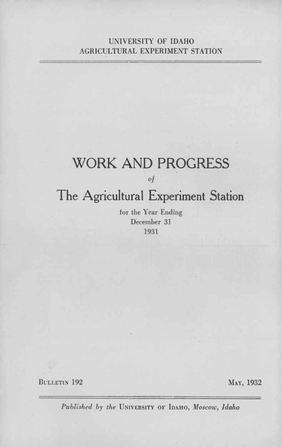 Idaho Agricultural Experiment Station,  Bulletin No. 192, 1932