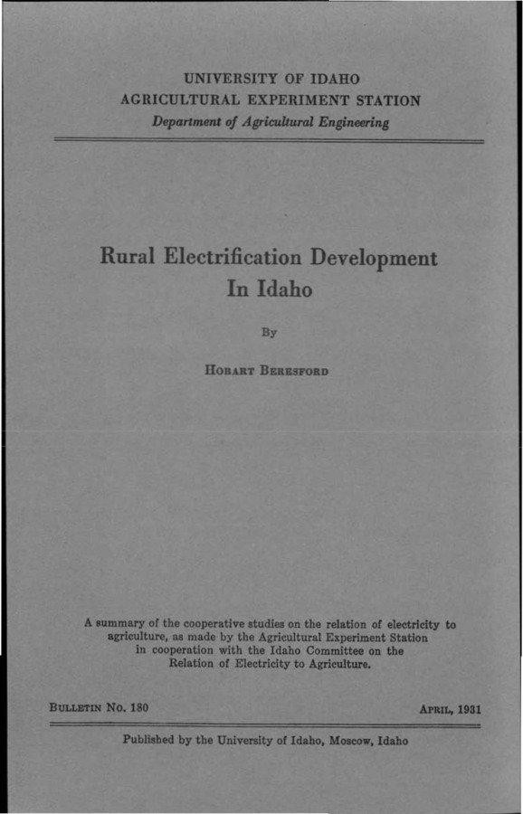 Idaho Agricultural Experiment Station,  Bulletin No. 180, 1931