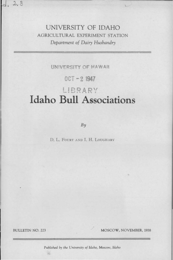Idaho Agricultural Experiment Station,  Bulletin No. 223, 1938