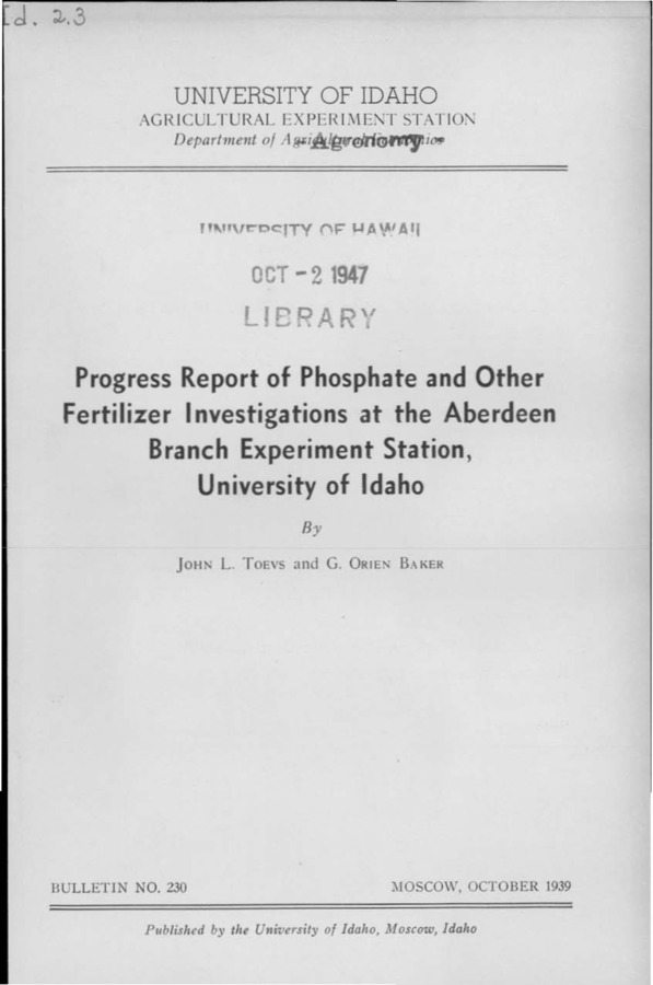 Idaho Agricultural Experiment Station,  Bulletin No. 230, 1939