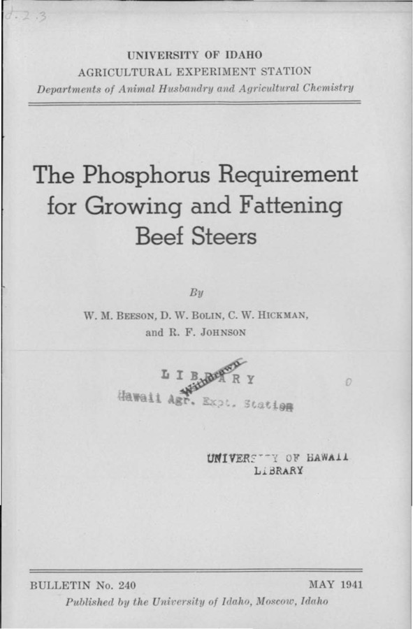 Idaho Agricultural Experiment Station,  Bulletin No. 240, 1941