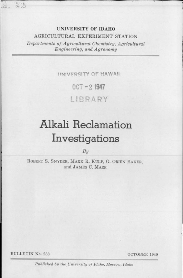 Idaho Agricultural Experiment Station,  Bulletin No. 233, 1940
