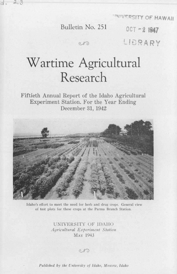Idaho Agricultural Experiment Station,  Bulletin No. 251, 1943